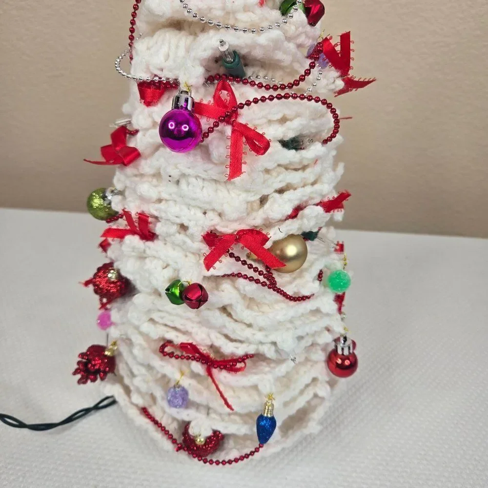 Vintage 80s Crochet Handmade White Christmas Tree Red Ribbons Ornaments Lights U
